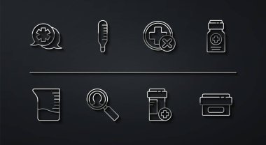 Doktor, ölçü kabı, ilaç şişesi, tıbbi analiz, termometre, merhem tüpü ilacı ve Cross hastanesi tıbbi ikonu ile diyalog kurun. Vektör