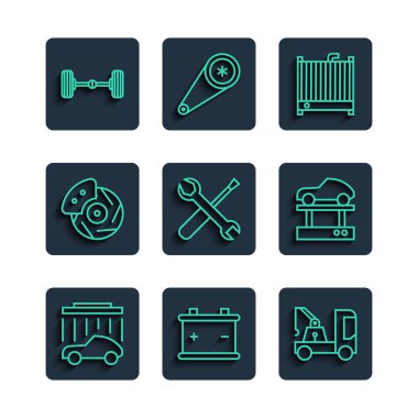 Hat yıkama, akü, çekici, radyatör soğutma sistemi, tornavida ve anahtar anahtarı, kalibreli fren diski, Chassis araba ve kaldırma ikonunda onarım. Vektör