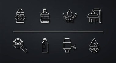 Hat yangın musluğu, H2O 'nun kimyasal formülü, duş başlığı, mekanik pompa suyu, bir şişe temiz, çözünen ve yıkayan el sabunu ikonu olan büyük şişe. Vektör