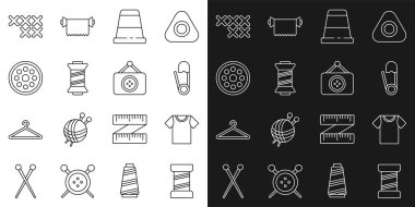 Çizgi dikiş ipliği, tişört, güvenlik iğnesi, dikiş dikmek için yüksük, düğme, ayarlanabilir nakış halkası ve Terzi dükkanı ikonu. Vektör