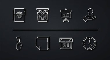 Satır Adres Defteri, Tie, El arama insanları, Takvim, Post not etiketleri, çöp kutusu, diyagram simgesi olan saat ve tebeşir tahtasını ayarla. Vektör