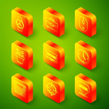 Çizgi saat, evrak çantası, bilgisayar faresi, çömleğe yerleştirme, metin çalışması, saat, takvim ve kafa avlama konsepti ikonu içeren dizüstü bilgisayar. Vektör