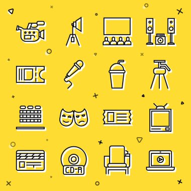 Set hattı Online oyun videosu, Retro TV, Tripod, ekranlı Sinema salonu, Mikrofon, bilet, kamera ve kağıt cam saman simgesi. Vektör