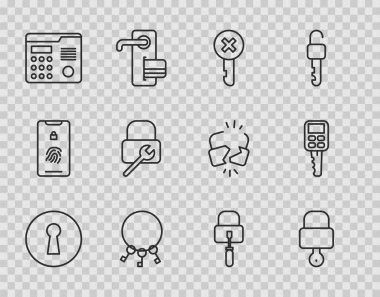 Hat deliğini, anahtar deliğini, kilidi ve anahtarı, Yanlış, bir sürü anahtar, ev içi iletişim sistemi, onarım, kilit açma için maymuncuk ve uzaktan kumandalı araba ayarlayın. Vektör