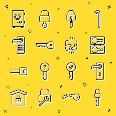 Kilitli olmayan anahtar, kapı kolu, döküm anahtarları anahtarlar, maymuncuk, anahtar, dijital kapı, kasa ve kırık ikon. Vektör