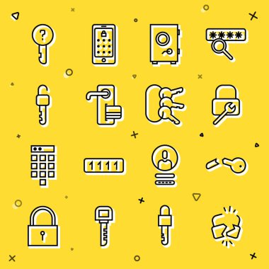 Satırı ayarla, kırık kilit, anahtar, kilit onarımı, güvenli, dijital kapı, Kilitsiz, tanımlanmamış ve bir sürü anahtar simgesi. Vektör