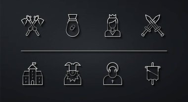 Hattı Ortaçağ baltalarını, Kalesini, Kalesini, Kılıcı, Keşişi, Joker kafasını, Eski Para Çantasını, Ortaçağ bayrağını ve Prenses ikonunu aştı. Vektör