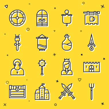 Sabit çizgi, ortaçağ kale kapısı, hançer, bayrak, meşale alevi, yuvarlak ahşap kalkan ve eski şarap ikonu. Vektör