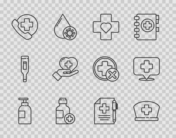 Set Line Botella Desinfectante Manos Sombrero Enfermera Con Cruz Corazón — Archivo Imágenes Vectoriales