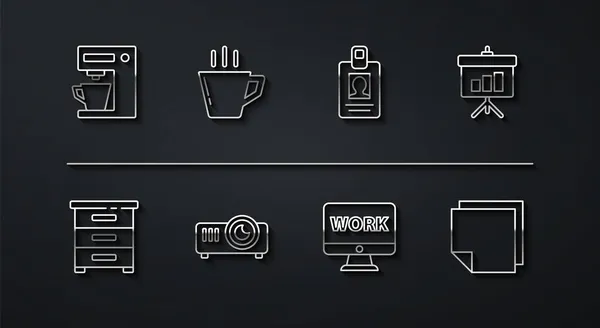 采购产品设置线咖啡机 绘图机与文件 黑板图 监控文字工作 媒体投影机 贴纸和标识徽章图标 — 图库矢量图片