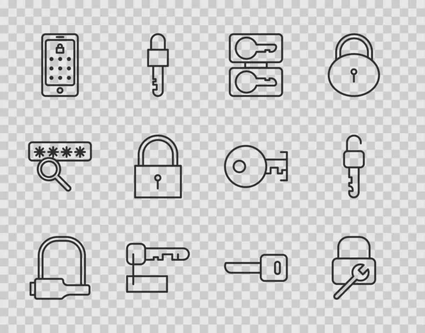 Hat satırı: Bisiklet kilidi, kilit onarımı, döküm anahtarları, İşaretli, mobil ve grafik parola, Anahtar ve Kilitsiz simge. Vektör