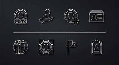 Satır Oluştur Hesap Ekranı, Kafa Avcılığı, Devam, Yer İşaretleyici, Arama İnsanları İçin El, Özgeçmişi ve simgesi olan Pano Oluştur. Vektör