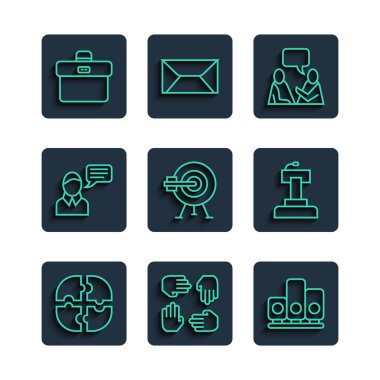 Çizgi yap-boz parçası, Proje ekibi üssü, kıdemli yıldız, konuşan iki adam, oklu hedef, konuşma balonu sohbeti, evrak çantası ve sahne durağı veya tribün simgesi. Vektör