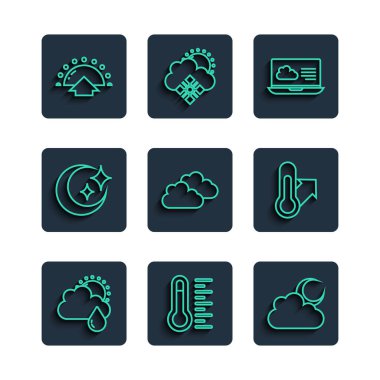 Bulut 'u yağmur ve güneş, Meteoroloji termometresi, ay, hava tahmini, Ay yıldızları, Gündoğumu ve ikon ile ayarlayın. Vektör