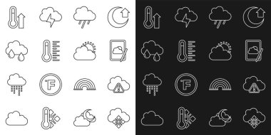 Çizgiyi karla, fırtına uyarısı, hava tahmini, yağmur, meteoroloji termometresi, güneş ve bulut hava ikonu ile belirleyin. Vektör