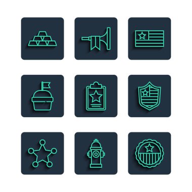 Hat hattı Hexagram Şerifi, Yangın musluğu, Yıldız Madalyası, Amerikan Bayrağı, ABD Bağımsızlık Günü, Kek, Altın Çubuklar ve Shield yıldızları ikonu. Vektör