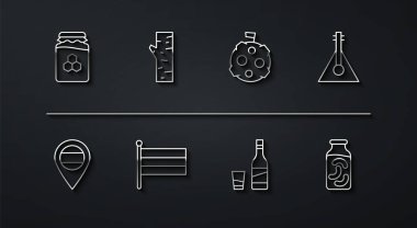 Bal kavanozu, Rusya Konumu, Balalaika, camlı şişe votka, ulusal bayrak, huş ağacı, kavanozda salatalık turşusu ve ay ikonu. Vektör