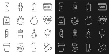 Sports 'un beslenme, raket ve top, fitness jimnastik salonu kalbi, sallanan kalp, kronometrede kalp ve Kettlebell ikonu. Vektör