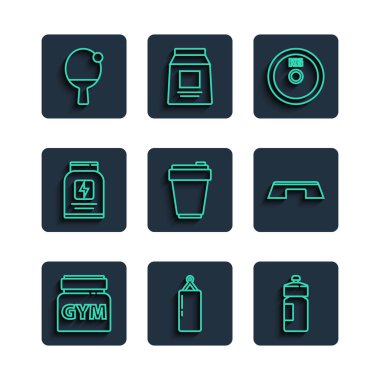 Sabit çizgi spor beslenme, kum torbası, fitness karıştırıcı, ağırlık plakası, raket ve top ve step platform ikonu. Vektör