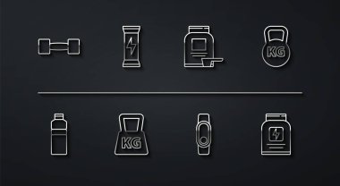 Set hattı Dumbbell, fitness shake, Kettlebell, Smartwatch, Kilo, Spor Beslenme ve ikon. Vektör