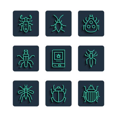 Sivrisinek, Mite, Colorado böceği, uğur böceği, böcek, termit, böcek geyiği ve örümcek ikonu hakkında bir kitap ayarla. Vektör
