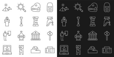 Çıkış çizgisi, taş devri çekici, Roma askeri miğferi, dinozor kafatası, insan kemiği, ders veren insan kemiği, Mısır piramitleri ve kırık antik sütun ikonu. Vektör