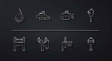 Yoyo oyuncağı, abaküs, oyuncak at, basketbol sedyesi, sapan, tuğlalar, çıngıraklı bebek ve denizaltı ikonu. Vektör