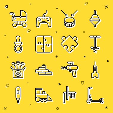 Çizgi Scooter, Dart oku, Pogo baston zıplama oyuncağı, bagetli davul parçaları, bulmaca parçaları, bebek emziği, bebek arabası ve ikon. Vektör