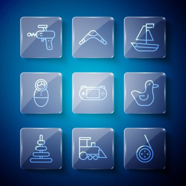 Piramit oyuncağı, oyuncak tren, Yoyo, tekne, taşınabilir video oyun konsolu, oyuncak bebek, ışın tabancası ve plastik ördek ikonu. Vektör