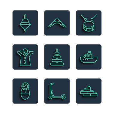 Tumbler oyuncak, Scooter, oyuncak taş tuğlalar, bagetli davul, piramit, elinde kukla, Whirligig ve bot ikonu. Vektör