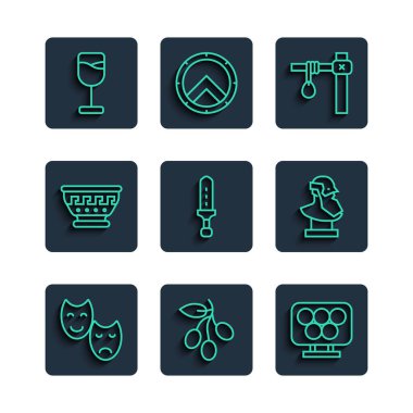 Komedi ve trajedi maskeleri, zeytin dalı, olimpiyat yüzükleri, darağacı, ortaçağ kılıcı, antik Yunan kasesi, şarap kadehi ve Antik büst heykeli ikonu. Vektör