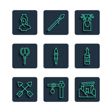 Çizgili oklar, darağacı, antik kalıntılar, Medusa Gorgon, Meşale alevi, Neptün mızrağı, büst heykeli ve şarap ikonu. Vektör