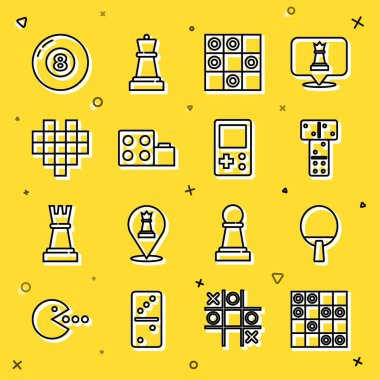 Satır tahtası dama, raket, Domino, oyuncak taş tuğla, Pixel kalbi, bilardo bilardo topu ve Tetris ikonu. Vektör