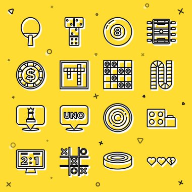 Maç için Hearts, oyuncak taş tuğlalar, tahta, bilardo topu, bingo, dolarlı kumarhane çipi, raket ve dama ikonu. Vektör