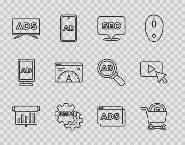 Grafik çizelgesi, alışveriş arabası ve dolar, SEO optimizasyonu, sosyal medya pazarlaması, reklamcılık, web sitesi istatistiği ve ikonu olan bir tabela ayarla. Vektör