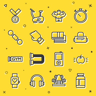 Set hattı spor beslenme, Apple, çanta, vücut geliştirici kas, akıllı kol, Dumbbell, madalya ve havlu yığını ikonu. Vektör