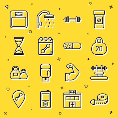 Şerit mezura, benç, kettlebell, Barbell, takvim fitness, eski kum saati, banyo terazisi ve vitamin hapı ikonu. Vektör