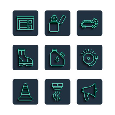 Hat konisi, duman alarmı sistemi, megafon, yanan araba, teneke yakıt, itfaiye botları, itfaiye binası ve zil ikonu. Vektör