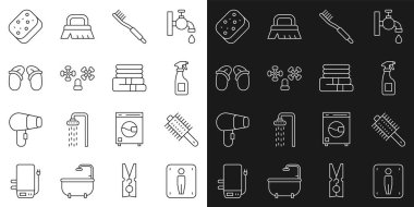 Sıra sıra erkek tuvaleti, saç fırçası, temizlik spreyi, diş fırçası, su musluğu, terlik, sünger ve havlu yığını ikonu. Vektör