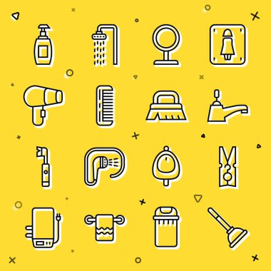 Lastik pompa, elbise iğnesi, su musluğu, yuvarlak makyaj aynası, saç fırçası, kurutucu, temizleme ikonu için bir şişe sıvı sabun ve fırça. Vektör