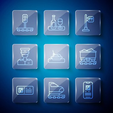 Hat QR kod bilet treni, yüksek hız, E-bilet, kafe ve restoran konumu, içinde yemek, tren kondüktörü, trafik ışığı ve kömür vagonu ikonu olan plaka. Vektör