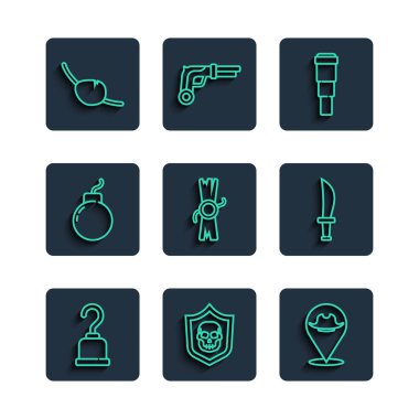 Korsan kancası, korsan kafatasına sahip kalkan, konum, Spyglass teleskop lensi, kararname, parşömen, parşömen, bomba patlamaya hazır, göz bandı ve kılıç simgesi. Vektör