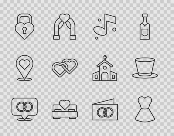 Set çizgisi alyanslar, kadın elbisesi, nota, yatak odası, kalp şekli Castle, İki Bağlı Kalp, tebrik kartı ve silindir şapka ikonu. Vektör