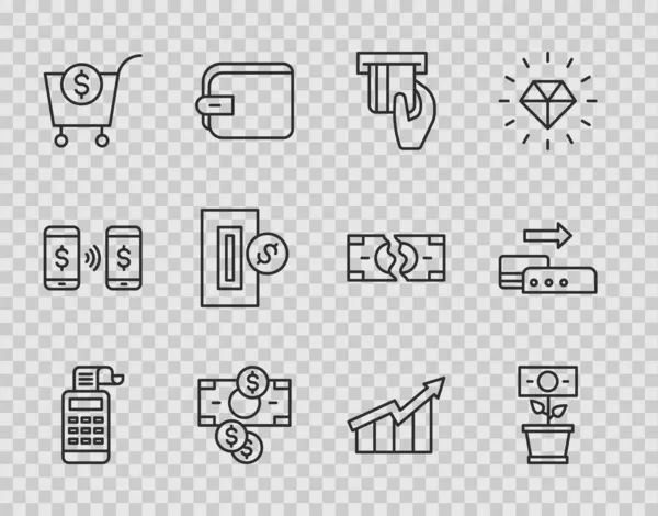 设置行收银机 货币种植壶 插入信用卡 堆栈纸货币现金 购物车和美元 插入硬币 金融增长增加和Pos终端图标 — 图库矢量图片
