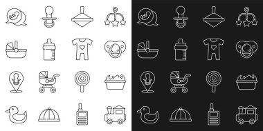 Oyuncak tren, bebek küveti, sahte emzik, fırıldak oyuncağı, şişe, bebek arabası ve giysi ikonu. Vektör