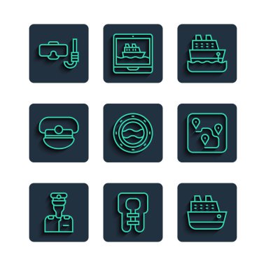 Gemi kaptanı, can yeleği, gemi kaptanı, deniz manzaralı gemi penceresi, şapka, dalış maskesi, şnorkel ve güzergah ikonu. Vektör