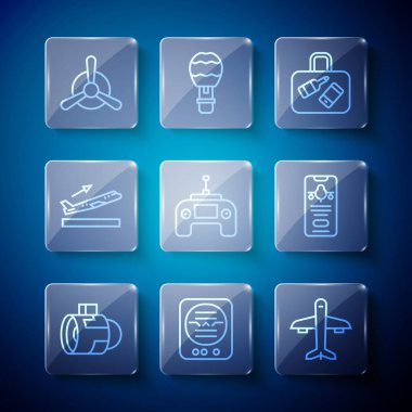 Jet motor türbini, tutum göstergesi, Uçak, Bavul, İHA uzaktan kumandası, kalkış, pervane ve mobil bilet simgesiyle ayarlayın. Vektör