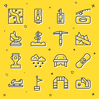 Buz hokeyi hedefi, Snowboard, dağ inişi, kimlik kartı, trafik levhası, patenler, güzergah konumu ve balta ikonu. Vektör