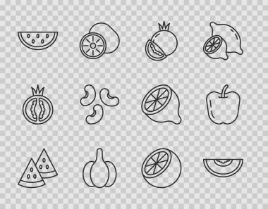 Karpuz, kavun, domates, sarımsak, fasulye, portakal ve elma ikonu. Vektör