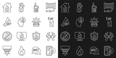 911 'i arayın, itfaiyeci baltası, yangın söndürücü, telsiz, el ele tutuşan ateş, yanan ev ve Flasher Siren ikonu. Vektör